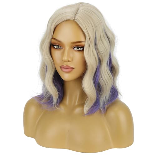 Image of BERON Women Blonde Mixed Purple Short Wavy Wig Girls Shoulder Length Curly Wigs Side Part Heat Resistant Synthetic Wig for Cosplay Costume Daily or Party