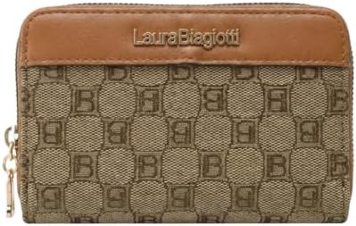 Laura Biagiotti Große Damen-Geldbörse aus PU und Stoff mit Logo, mit Münzbörse und Geschenkbox, cognac, Compatto