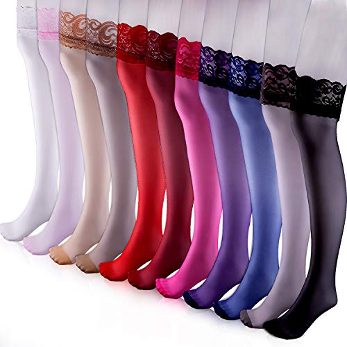 Duufin 11 Pairs Thigh High Stockings Lace Thigh High Socks Top Lace Stockings Sheer Thigh High Stockings for Women