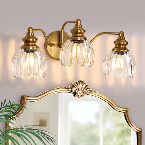 Image of Piepooye Vintage Bathroom Light Fixtures 3 Lights Gold Glass Vanity Light | E26 Bulb Indoor Vanity Light Over Mirror Bedroom Kitchen Farmhouse Living Room
