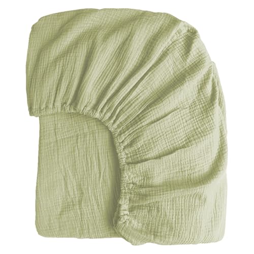 YASMENG sage green muslin fitted sheet showing crinkled gauze texture — a single queen sheet with a 16-inch pocket