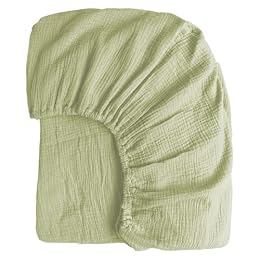 100% Muslin Cotton Sage Green Fitted Sheet Queen Only with 16" Elastic Deep Pocket, 1 Pack Soft Breathable Absorbent Gauze Double Fitted Bottom Sheet, Minimalist Fluffy Wrinkle Mattress Protector