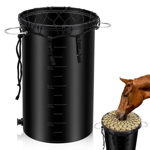 LemonRoad Horse Slow Feeder Heavy Duty Hay Feeder 30 x 18 x 18 Inch Durable Plastic Bucket with Hay Net, Adjustable Strap and Drain Plug Ideal for Equine Digestive Health Extended Feeding Time