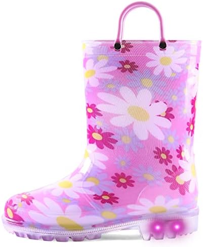 K KomForme Toddler Light Up Rain Boots Patterns and Glitter Rain Boots for Girls Boys with Handles,Purple flower,7