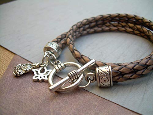Handmade Quan Yin And Lotus Leather Wrap Bracelet - Genuine Leather Bracelet For Women - Available Sizes: 6,6.5,7,7.5,8 Inch Or Custom #TOP2