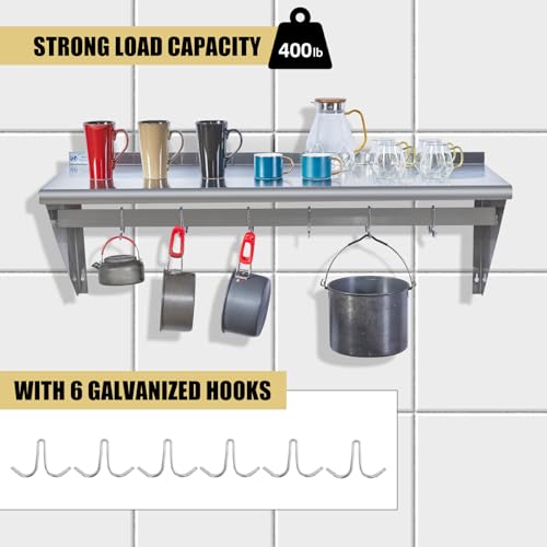 Image of Hally Stainless Steel Shelf with 6 Hooks 18 inch x 48 inch Wall Mounted Pot Rack 400lb, NSF Commercial Floating Shelving for Storage Hanging Pots, Pans, cookware in Restaurant, Kitchen, Home and Hotel