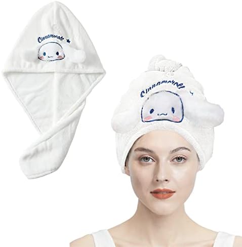 Cute Microfiber Hair Towel for Women, Kawaii Puppy Ear Hair Turbans for Wet Hair, Super Absorbent Twist Turban Fast Drying Hair Caps with Buttons for Curly and Straight Hair (White)