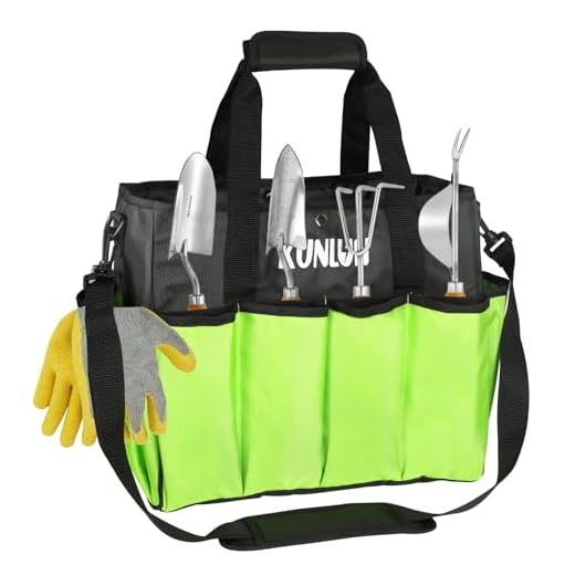 KUNLUN Gardening Tote Bag, Garden Tool Bag with 14 Pockets & Elastic Belt, Heavy Duty Standable Garden Tote Storage Bag with Long Adjustable Shoulder Strap for Indoor and Outdoor Use