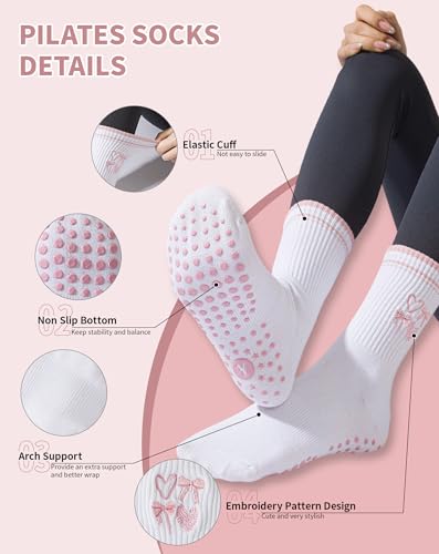 Image of Yawlsow Pilates Grip Socks for Women Yoga Grippy Socks Cute Barre Non Skid Athletic Crew Sticky Sock Workout Hospital