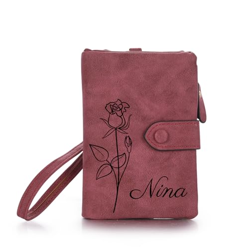 OTXIXTO Personalized Leather Wallets for Women Wallets with Zipper Coin Purse with Wrist Strap Small Ladies Wallet with Name Birth Flower Leather Wallet for Girlfriend Wife Mother's Day - Red