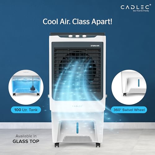 Image of Cadlec StormAir 100L Desert Air Cooler, High Speed Fan with Powerful Air Throw, Inverter Compatible, Anti-Bacteria Honeycomb Pad, 3 Year Warranty | White