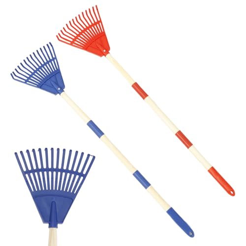 Harupink 2 Stück Laubbesen für Kinder Laubharke mit 14 Zinken und 67 cm Stiel aus Naturholz,Abnehmbar Fächerbesen Kinder,Stabiler Rasenbesen,Gesamtlänge 86 cm(Grün Blau)