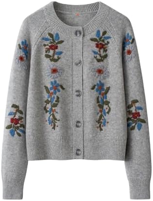 HangErFeng Women Wool Cashmere Blend Cardigan Hand Embroidered Floral Round Neck Grey Soft Warm Sweater 1991 image 5