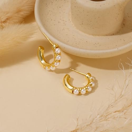 Pearl Earrings for Women - Dainty Gold Earrings Trendy 14K Gold Plated Freshwater Pearl Dangle Hoop Stud Earrings for Women Wedding Jewelry Gift for Women