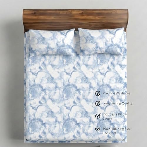 Image of VELOURA Tie-Dye Bedsheet Set, 100% Cotton, King Size 108x108 Inches, 300 Thread Count, with 2 Pillow Covers, Blue