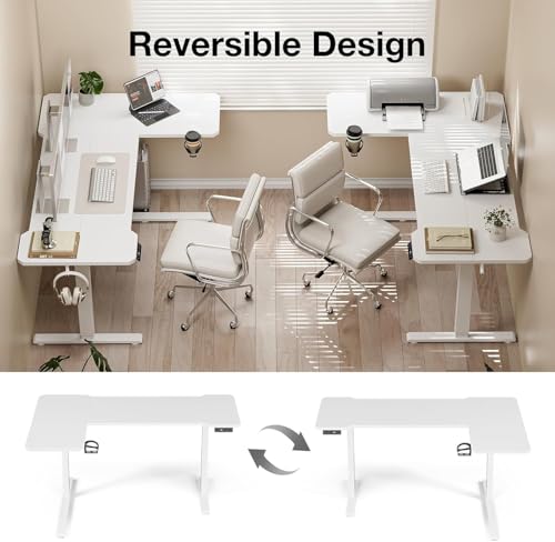 Image of Acrolix L Shaped Electric Standing Desk - 59x40 Inch Reversible Corner Sit Stand Desk with Hook&Cup Holder,Electric Height Adjustable Table,for Home Office Gaming Computer Desk, White