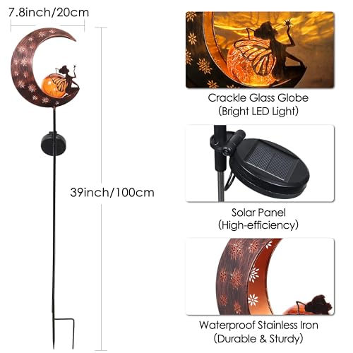 TERESA'S COLLECTIONS Solarlampen für Außen,Gartendeko für draußen Groß Metall Mond Solarleuchte Glaskugel wasserdichte Wegeleuchte mit Blumenfee und Erdspieß,100CM