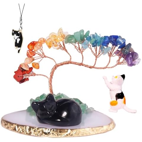 Dreamgirnh Black Obsidian Cat Chakra Crystal Tree and Healing Stones Cute Sleeping Cat Statue Lucky Kitten Figurine Office Bedroom Home Desk Decoration Cat Lovers Gifts for Women Cover