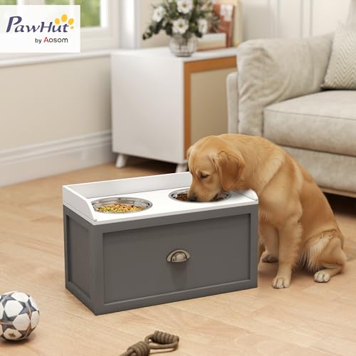PawHut Erhöhter Hundenapf Futternapf mit Ständer Fressnapf mit Schublade, 2 Edelstahlnäpfen Futterstation für große Hunde, 36 cm Hoch, Grau