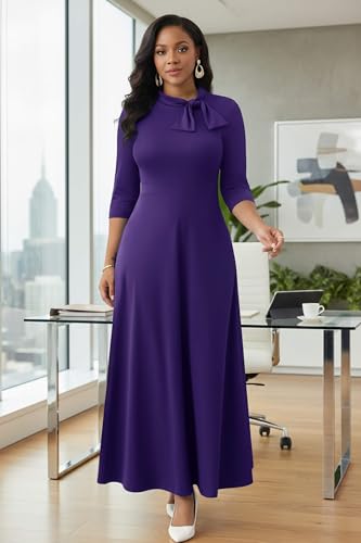 Image of FANDEE Maxi Dress for Women Long Elegant 3 /4 Sleeve Bow Tie Neck A Line Casual Party Church Dresses with Pockets