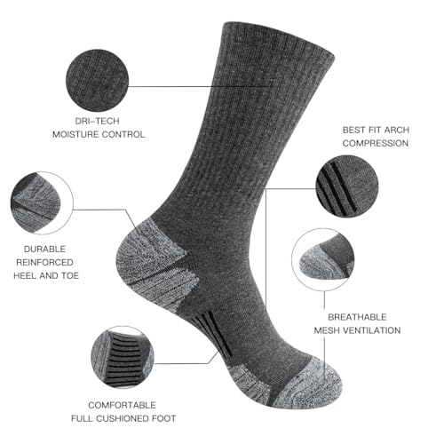 JOYNÉE 8 Pairs Mens Crew Socks Cushioned Moisture Wicking Athletic Socks Work Breathable Socks for Men,Dark Grey,Sock Size:10-132