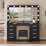 YITAHOME 46' Makeup Vanity with Large Hollywood-Style Mirror, Glass Top Vanity Desk Set with 10 Drawers, Power Outlets, Storage Stool, 3 Adjustable Light Modes, Dressing Table with 12 LED Bulbs, Black