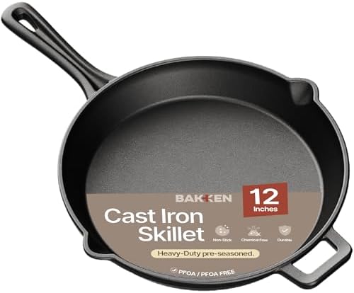 Bakken 12" Cast Iron Skillets, Pre-Seasoned Frying Pan with Even Heat Retention Cooking, Versatile for Stove, Oven, Grill & Campfire, Easy-Grip Handles, Hand Wash Only, 6.61 lbs
