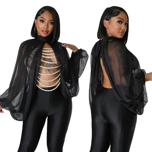 Women’s Sexy See Through Chiffon Sheer Lantern Sleeve Front Back Open High Neck Self Tie Shawl Casual Shirts Blouses Tops2