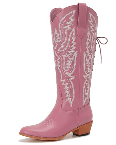Image of Uillnoodu Wide Calf Cowboy Boots Women Adjustable Lace Up Knee High Tall Plus Size Cowgirl Boots Western Style Comfortable 2-Inch Heel