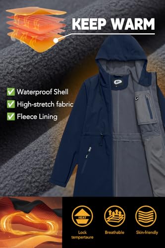 Image of FARVALUE Women's Long Softshell Jacket Waterproof Lightweight Warm Windproof Hooded Fleece Lined Rain Coat for Outdoor