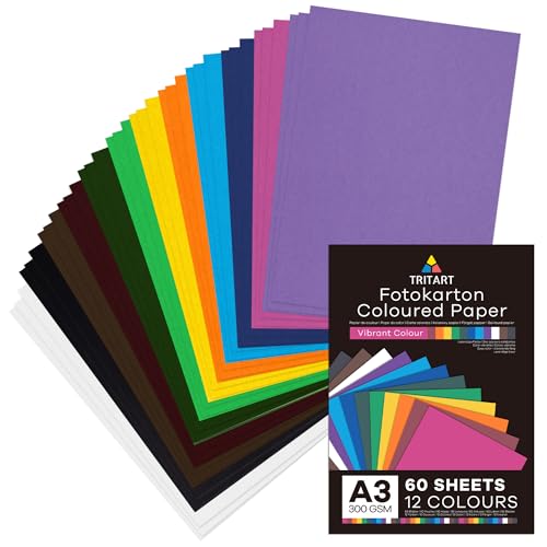 Tritart Fotokarton A3 bunt 300g/m² - 36 Blatt buntes Papier A3 - Pappe zum Basteln - Bastelpapier Set - Fest und Stabil - Tonpapier Bastelkarton 300g - Farbiges Papier - 12 Farben