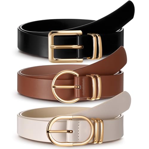 3 Pack Women's Leather Belts for Jeans Pants Dresses Ladies Waist Belt with Fashion Gold Buckle