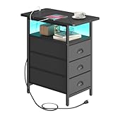 sthmec End Table with Charging Station,LED Side Tables with USB Ports and Outlets,Narrow Nightstands Bedside Tables with 3 Drawers PU Finish for Small Space,Slim Sofa Table for Livingroom,Black