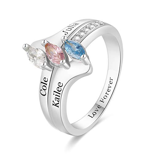 Resvivi Sterling Silver Customized Mother Name Rings With 2-4 Birthstones Engraving Personalized Stacking Family Name Rings #TOP8