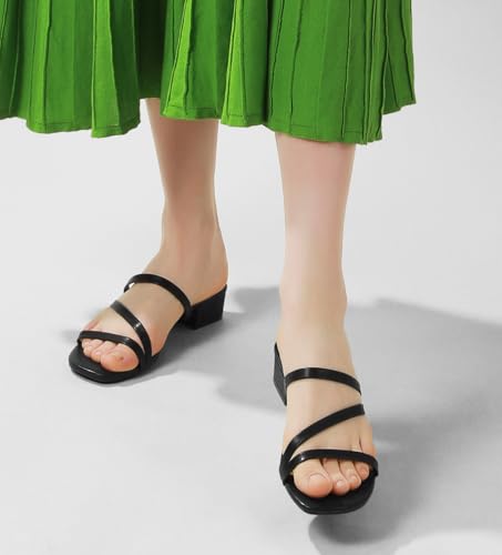 Image of Ankis Black Nude White Strappy Heels Women 1 Inch Low Chunky Block Heel Heeled Sandals Square Open Toe Slip On Slides Mules