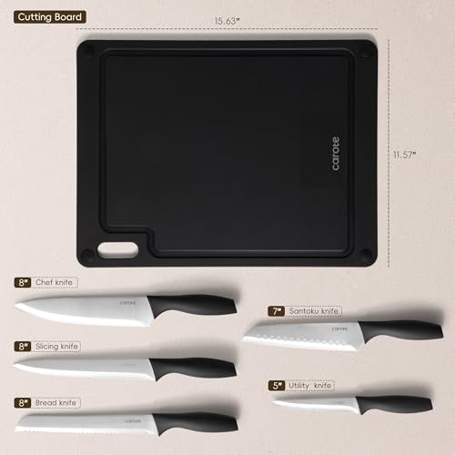 Image of CAROTE Knife Set, 11 Pcs Kitchen Knives with 5 Blade Guards & Non-Slip Cutting Board, Rustproof Stainless Steel 5 Kitchen Knife Set, Plain Black