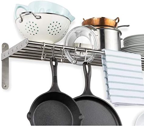 Wallniture Lyon Kitchen Organization and Storage Rack, Metal Wall Shelf with 10 S Hooks for Hanging Pots and Pans, Chrome