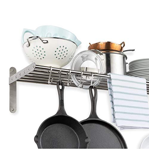 Wallniture Lyon Kitchen Organization And Storage Rack, Stainless Steel Metal Wall Shelf With 10 S Hooks For Hanging Pots And Pans, Chrome #TOP6