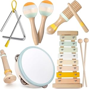 Baby Musical Instruments – Neutral Colors Musical Toys for Toddlers 1-3, Montessori Wooden Percussion Instruments Set with Modern Boho Xylophone Tambourine, Kids Preschool Educational Birthday Gifts