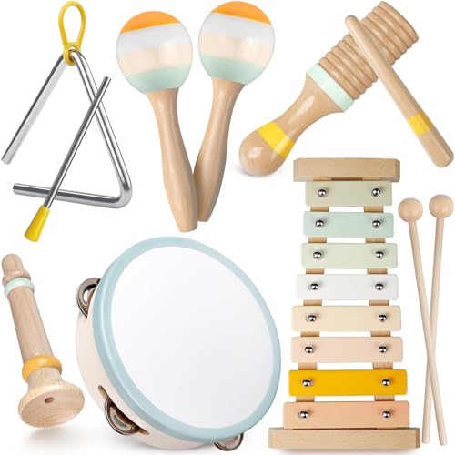 Image of Baby Musical Instruments - Neutral Colors Musical Toys for Toddlers 1-3, Montessori Wooden Percussion Instruments Set with Modern Boho Xylophone Tambourine, Kids Preschool Educational Birthday Gifts