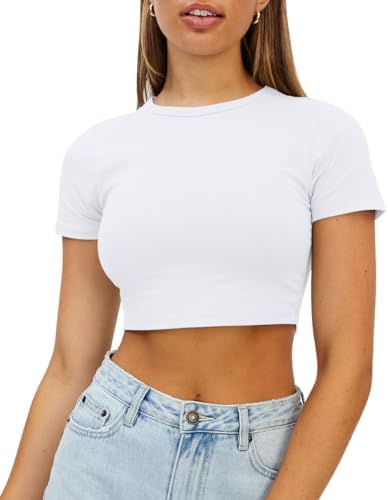 WYNNQUE Womens Crop Tops Cute Summer Scoop Neck Basic Tees Slim Fit Trendy Short Sleeve T Shirts for Teen Girls 2024
