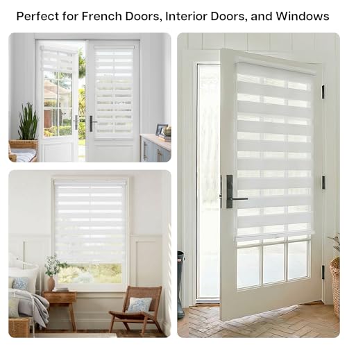 LazBlinds ドリル不要 ゼブラブラブラブラブラブラインド フレンチドア用 コードレス ブラインド カバー幅86.44cm、小さな隙間デザイン ライトフィルタリングシアーシェード 屋内窓用 幅34 5/8インチ x 長さ72インチ ホワイト [2]