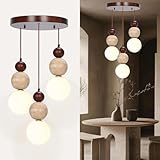 TMKOO Lámpara Colgante WABI Sabi De 3 Luces Fixture De Travertino Estilo Japandi Japonés Nórdico Candelabro De Madera Esférico para Islas De Cocina Comedores Salones(B)