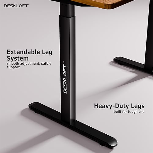Image of Electric Standing Desk Height Adjustable Table | Ergonomic Sit Stand Workstation with Walnut Wood Grain Top | Motorized Computer Desk for Home Office (Black Frame & Brown Top, 1200x600 mm)