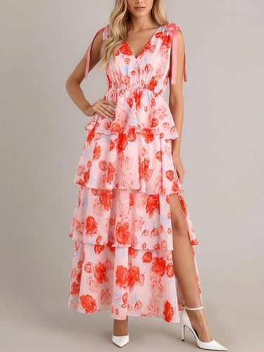 Image of Wenrine Womens Summer Floral Maxi Dress Tie Strap Sleeveless V Neck High Slit Boho Ruffle Tiered Beach Dresses