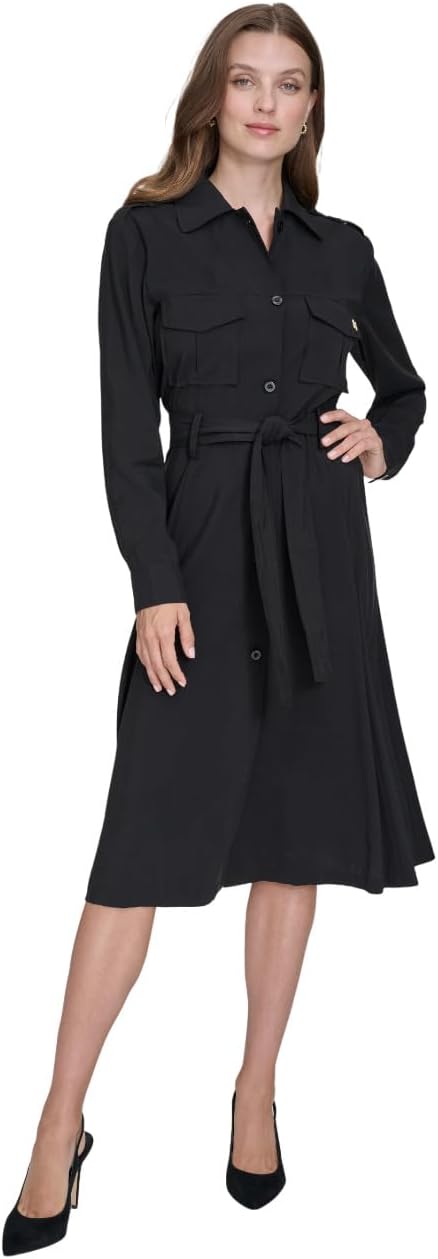 Halston Womens Wear to Work Collared V-Neck Long Sleeve Shirt Dress