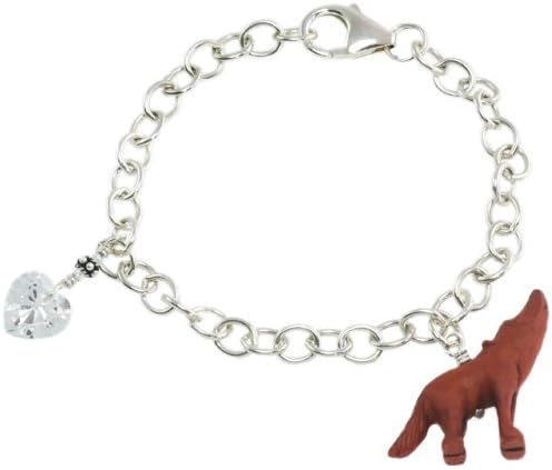 Sterling Silver Cubic Zirconia Heart and Wood Howling Wolf Vampire Charm Bracelet