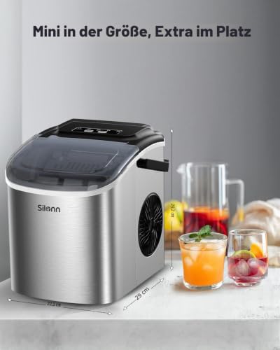 Foto von Silonn Eiswürfelmaschine, Eiswürfelbereiter 9 Würfel in 6 Minuten fertig, 12 KG in 24 Stunden, Selbstreinigende Kleine Eiswürfelmaschine, 2 Eiswürfel Größen für Küche, Büro, Bar und Party, Edelstahl