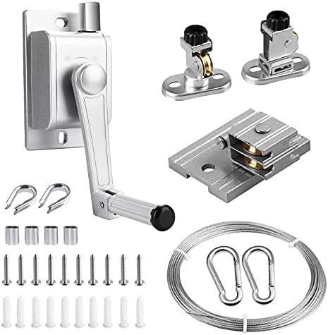 FSHIHINE Washing Line Pulley System with Manual Winch, Wire Rope Cable, Thimble, Aluminium Clamp Sleeve, Pulley Block Built-in Wire Hand Winch Set for Ceiling Clothes Line Crane Lift Chandeliers Plant