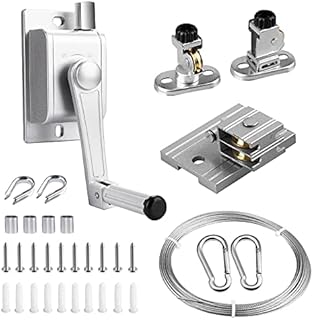 FSHIHINE Washing Line Pulley System with Manual Winch, Wire Rope Cable, Thimble, Aluminium Clamp Sleeve, Pulley Block Built-in Wire Hand Winch Set for Ceiling Clothes Line Crane Lift Chandeliers Plant